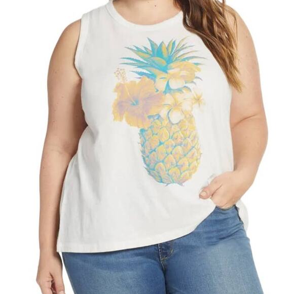 Lucky Womens size 3X top cream Pineapple print muscle tank top - Picture 1 of 5